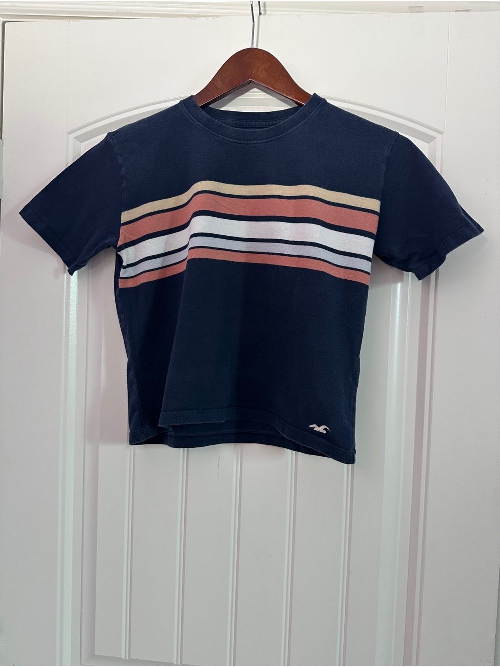 Hollister Navy Cropped Tee with Cream, Rust and White Stripes
